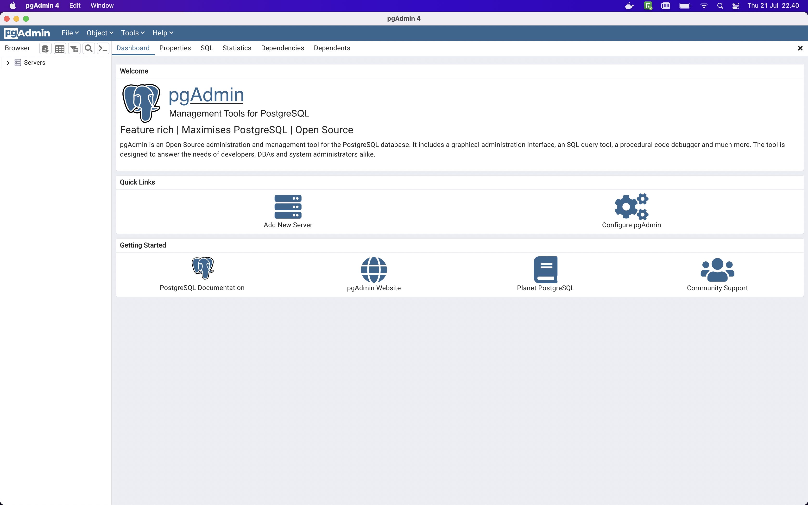 PgAdmin 4 Dashboard Interface