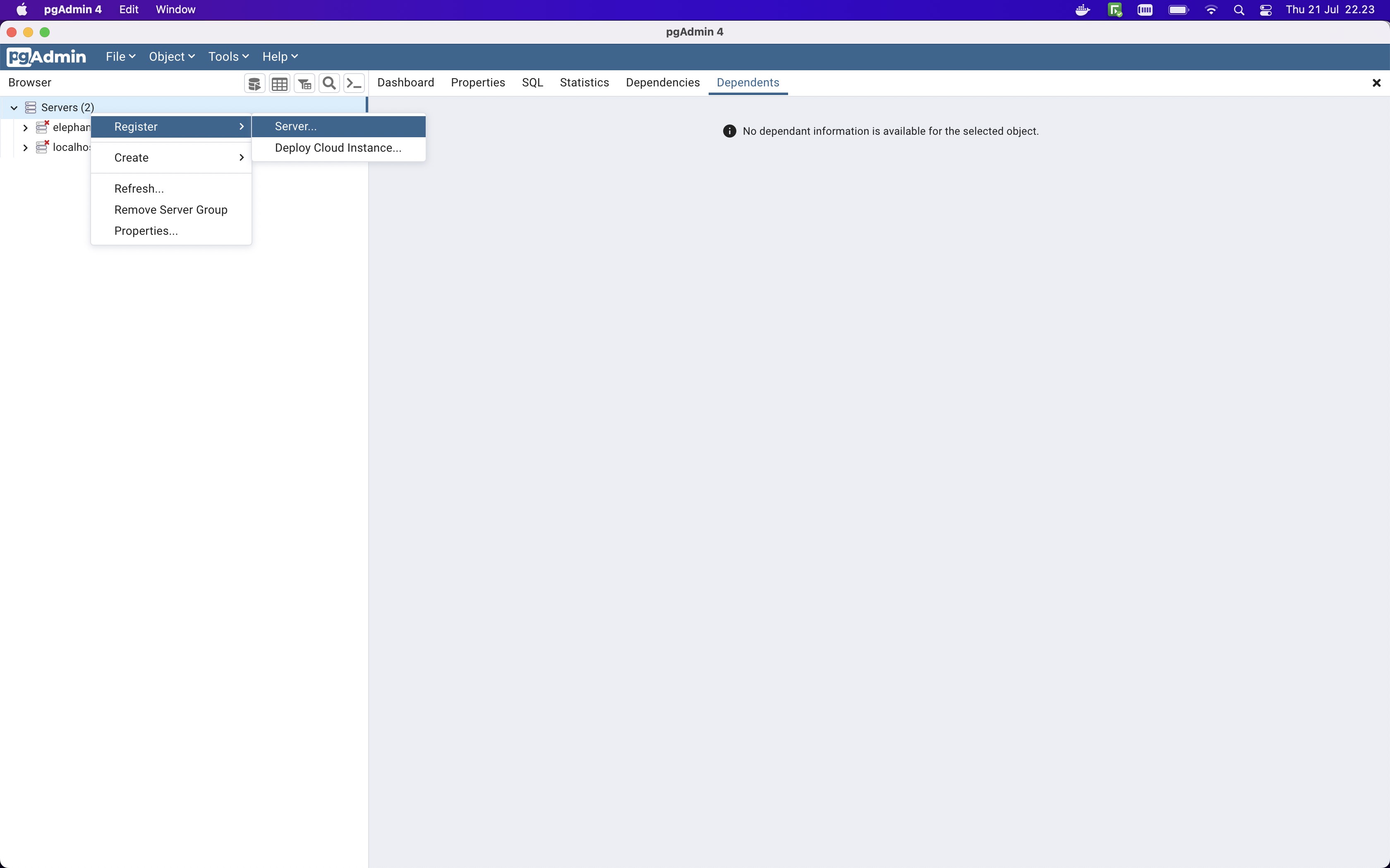 PgAdmin 4 Create Groups or Add Server Screenshot