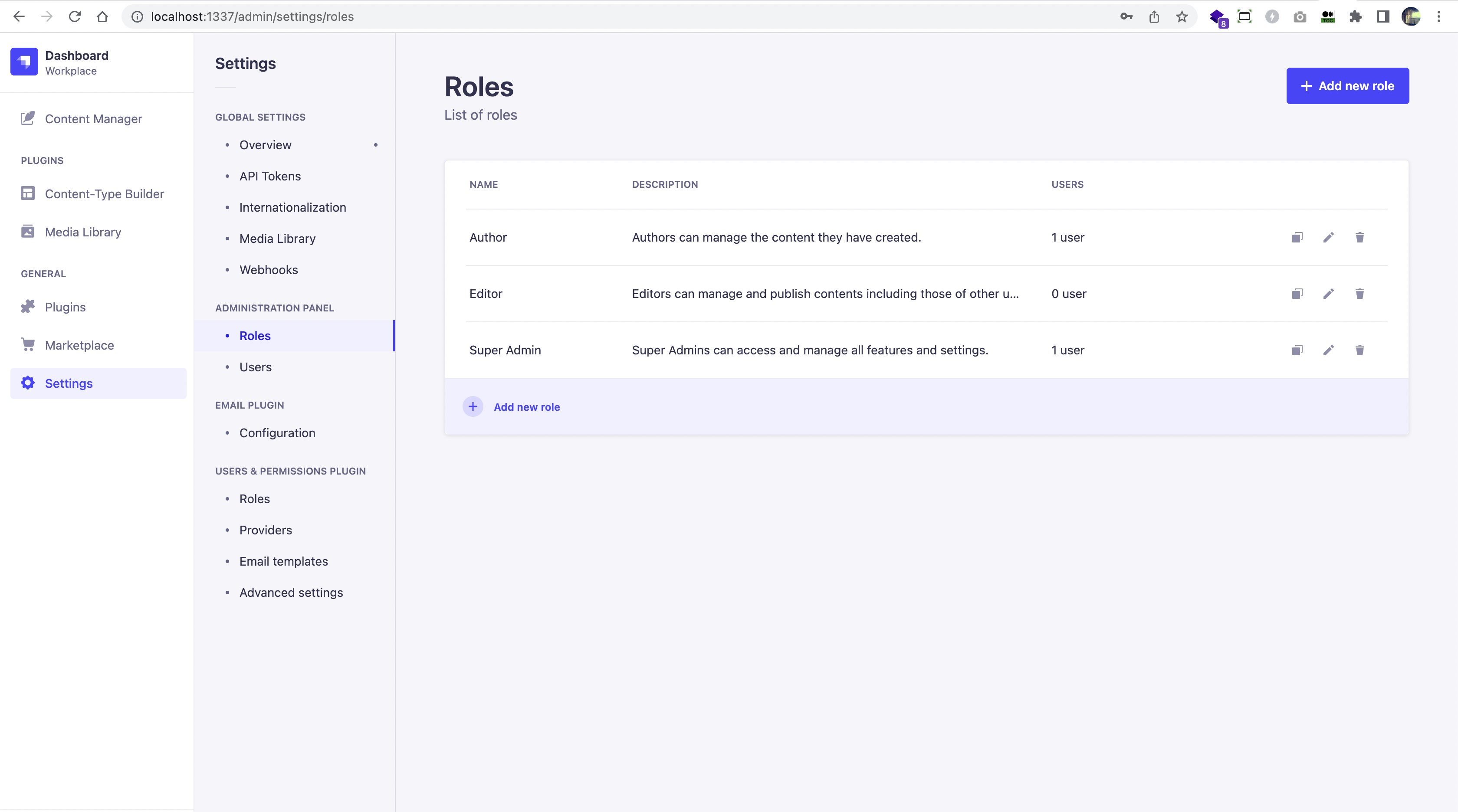 Strapi Administration for Role List